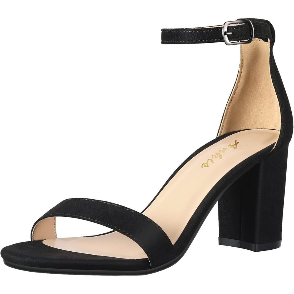 〽️Women's Black Suede Open Toe Ankle Strap Chunky Heel Sandals w\ 2.75 Inch Heel